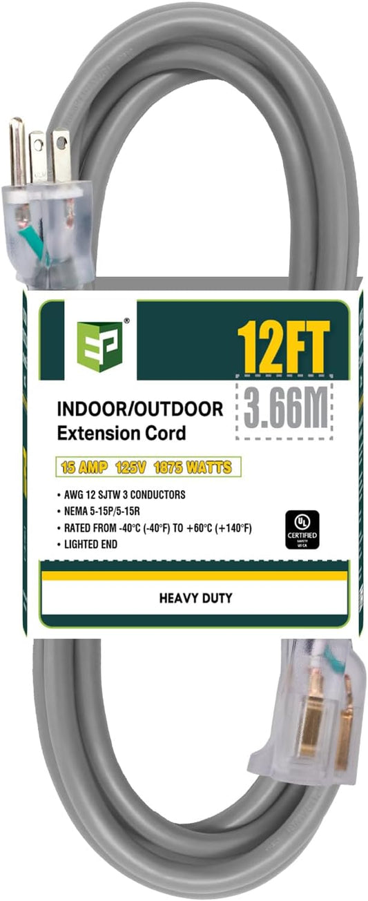 EP 12 Ft Lighted Outdoor Extension Cord - 12/3 SJTW Heavy Duty Grey Extension Cable with 3 Prong Grounded Plug - Power Cord for Lawn, Garden, Appliances