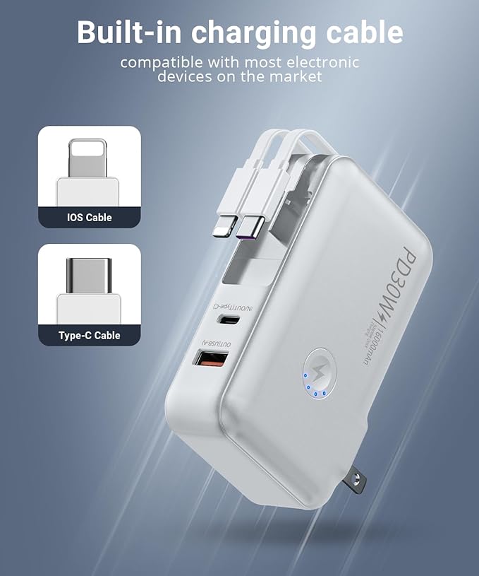 Portable Charger, Power Bank, 16000mAh Power Bank Built-in AC Wall Plug and Cables, PD 30W and QC4.0 Fast Charger for iPhone and Android Phones and Most Electronic Devices (White)