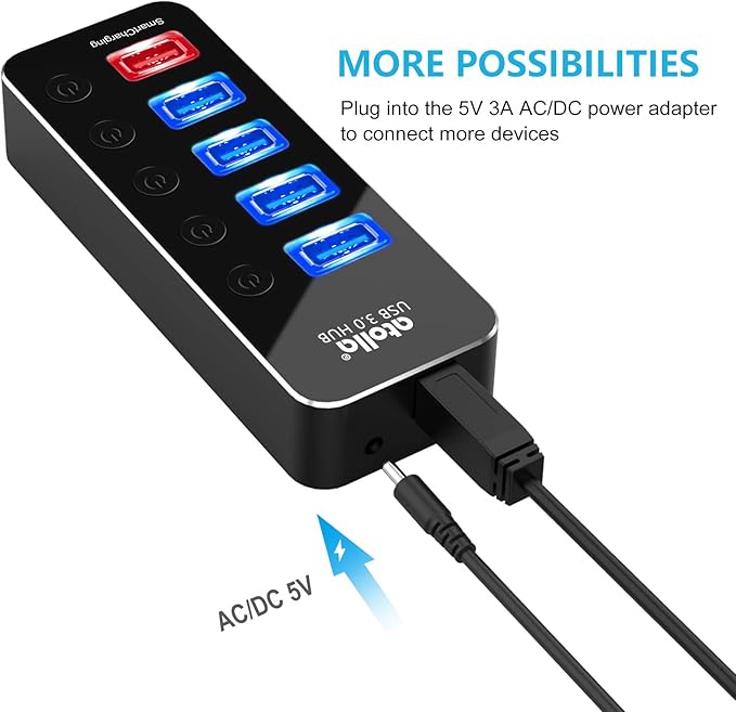 Powered USB Hub, atolla Aluminum 5-Port USB 3.0 Hub with 4 USB 3.0 Data Ports and 1 USB Smart Charging Port, USB Splitter with 5V/3A Power Adapter and Individual Switches