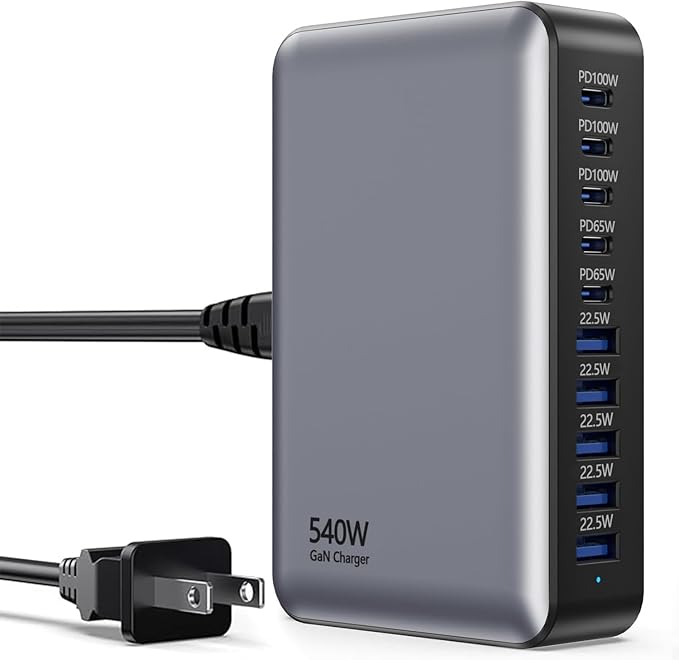 540W USB C Charger Block, 10 Port (5USBC+5UBSA) GaN III Fast Charging Station Hub, PD 100W and PD 65W Laptop Charger Adapter Compatible with MacBook Pro/Air, Lenovo, Dell, iPad, iPhone, Samsung