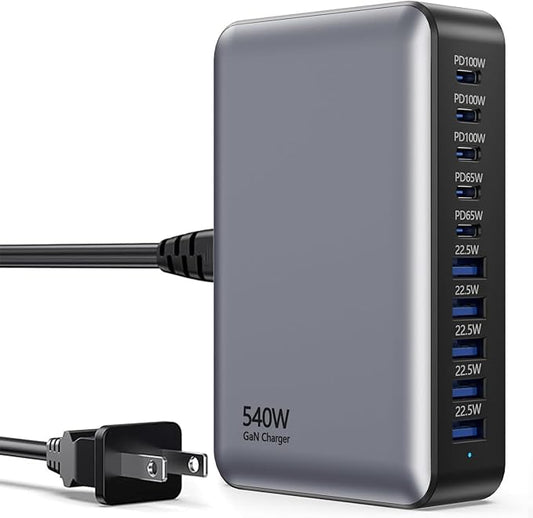 540W USB C Charger Block, 10 Port (5USBC+5UBSA) GaN III Fast Charging Station Hub, PD 100W and PD 65W Laptop Charger Adapter Compatible with MacBook Pro/Air, Lenovo, Dell, iPad, iPhone, Samsung