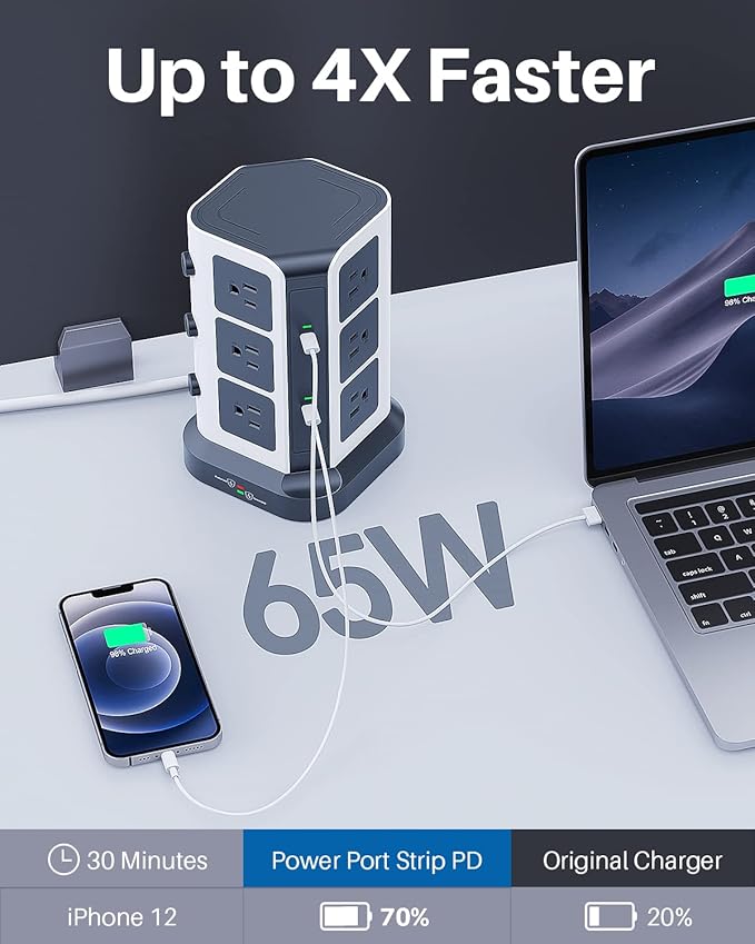 KOOSLA [65W] PD Power Strip Tower Surge Protector, USB C Desktop Charging Station with 12 Widely Spaced AC Outlets / 2 USB-C / 3 USB-A Ports, 6.5ft Heavy-Duty Extension Cord for Home Office Dorm…