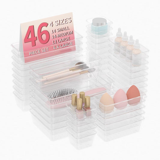 46 PCS Plastic Drawer Organizer Set, 4-Size Clear Bathroom and Vanity Desk Drawer Organizer Trays, Non-Slip Versatile Storage Divider Bins for Makeup Jewelry Bedroom Office Kitchen Gadgets