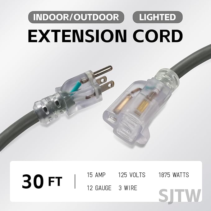 EP 30 Ft Lighted Outdoor Extension Cord - 12/3 SJTW Heavy Duty Grey Extension Cable with 3 Prong Grounded Plug - Power Cord for Lawn, Garden, Appliances