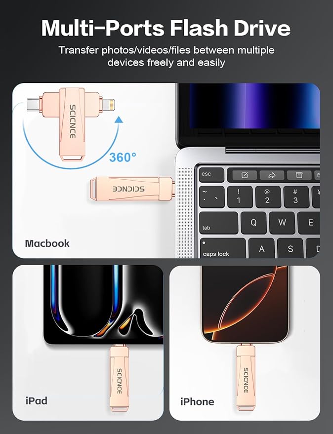SCICNCE 256GB Flash Drive Intended for iPhone, USB Memory Stick Storage Backup for Photos Videos, Plug and Play No APP Required, Compatible with iPhone iPad Android and Computers (Rose Gold)