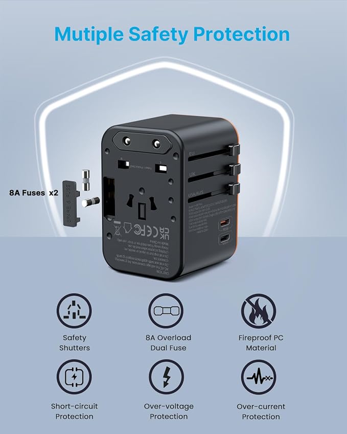 Universal Travel Adapter, VINTAR 35.5W International Power Adapter with 3 USB A QC and 2 USB C PD, All in One Plug Adapter Worldwide Travel Essentials for EU/UK/USA/AUS(Type C/G/A/I), Orange
