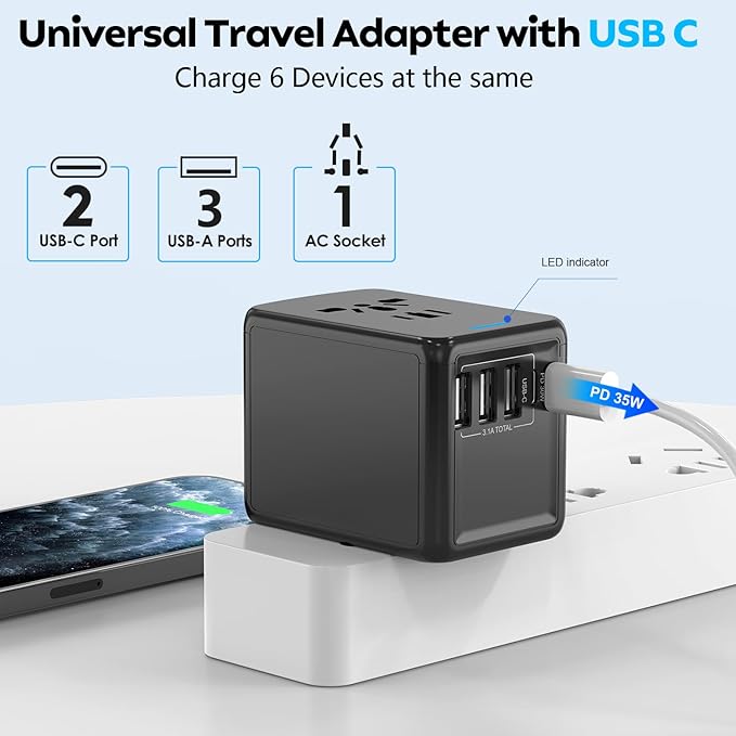 JMFONE 35W PD Universal Travel Adapter, Fast Charging International Power Plug Adapter with 3*USB-A & 2*USB-C Ports and Multi AC Sockets, All-in-one Travel Outlet Conversion Plugs for 200+ Countries