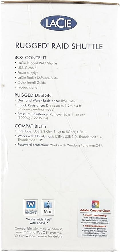 LaCie Rugged Raid Shuttle 8TB External Hard Drive Portable HDD - USB-C USB 3.0 Compatible, Drop Shock Dust Water Resistant, for Mac and PC Computer Desktop Laptop, 1 Mo Adobe CC (STHT8000800)