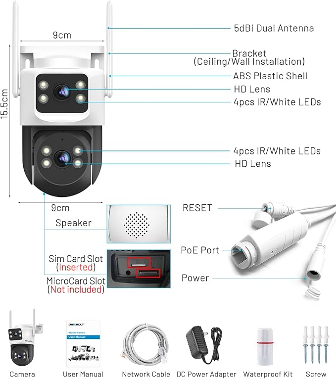 GENBOLT 4G LTE Cellular Security Camera Outdoor No WiFi, Dual Lens PoE Surveillance Camera CCTV with Sim Card, 24/7 Recording Plug in Wired IP Cam with Auto Tracking Human Detection