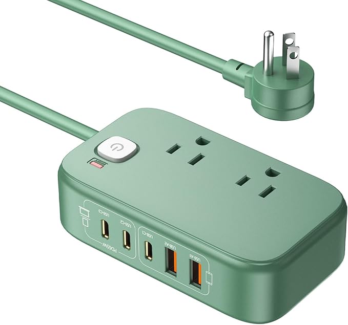 USB C Charging Station,65W USB C Power Strip Surge Protection 1200J, 5FT Flat Extension Cord Desktop USB Charging Hub for Multiple Devices (Pearl Green, 65w)