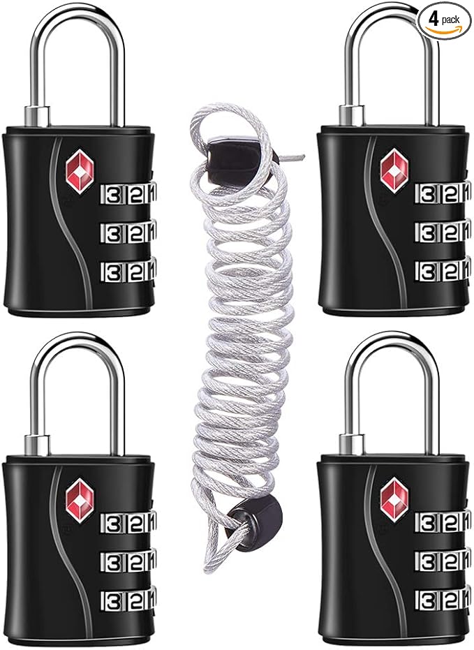 ZHEGE TSA Luggage Lock for Train 4 Pack, 1 Cable (30 Inch), Travel Lock for Backpack, Suitcase, School Gym Locker (Black, 4 Pack)