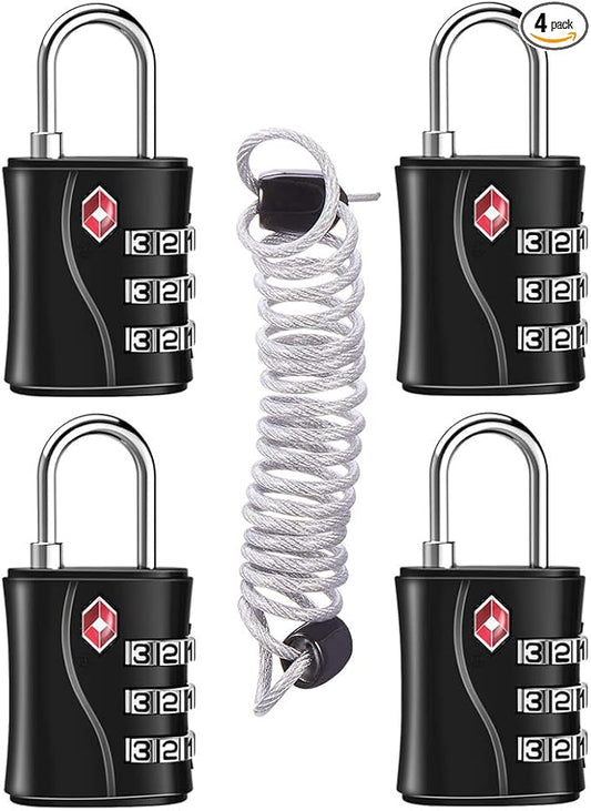 ZHEGE TSA Luggage Lock for Train 4 Pack, 1 Cable (30 Inch), Travel Lock for Backpack, Suitcase, School Gym Locker (Black, 4 Pack)