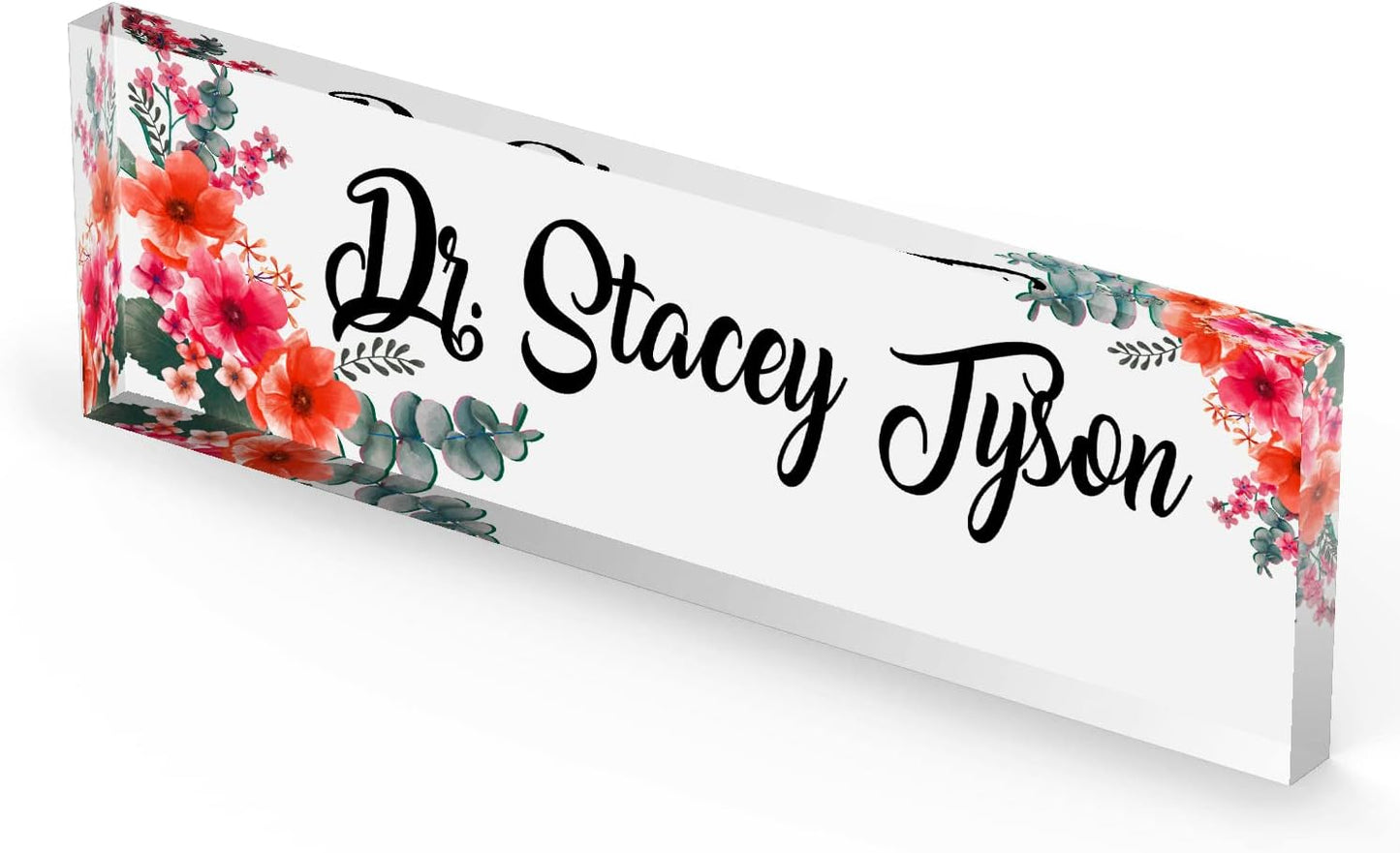 Artblox Personalized Office Desk Name Plate and Business Card Holder | Clear Acrylic Glass with Teak Wood Stand | Mixed Flowers Design Customized with Your Name and Credentials Office Desk Decor