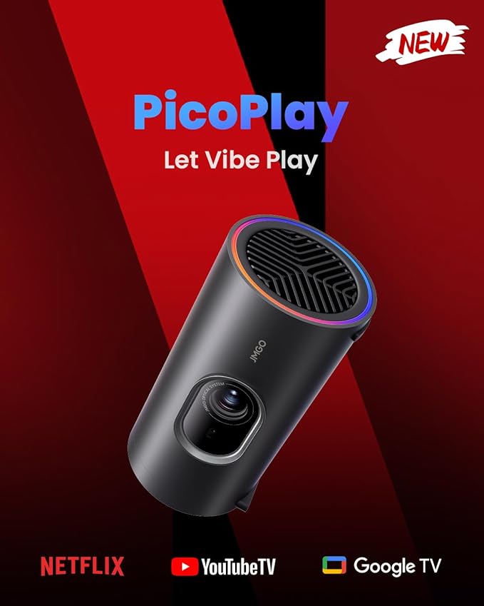 JMGO PicoPlay+ 1080P Smart Portable Projector, Google TV, 450 ISO Lumens, 8W Dolby Digital, 3D-Active, HDR10, Mini Projector with WiFi & Bluetooth for Home Party, Outdoor, Including Optical Filter