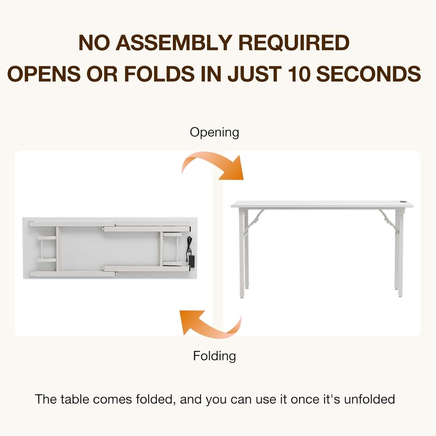 TEMI Long Computer Desk Folding Table - No Assembly, Compact 55.1" Foldable Desk with Power Outlets & USB Charging Port, Portable Lagre Office Desk, Ideal Large Study Table for Narrow Spaces