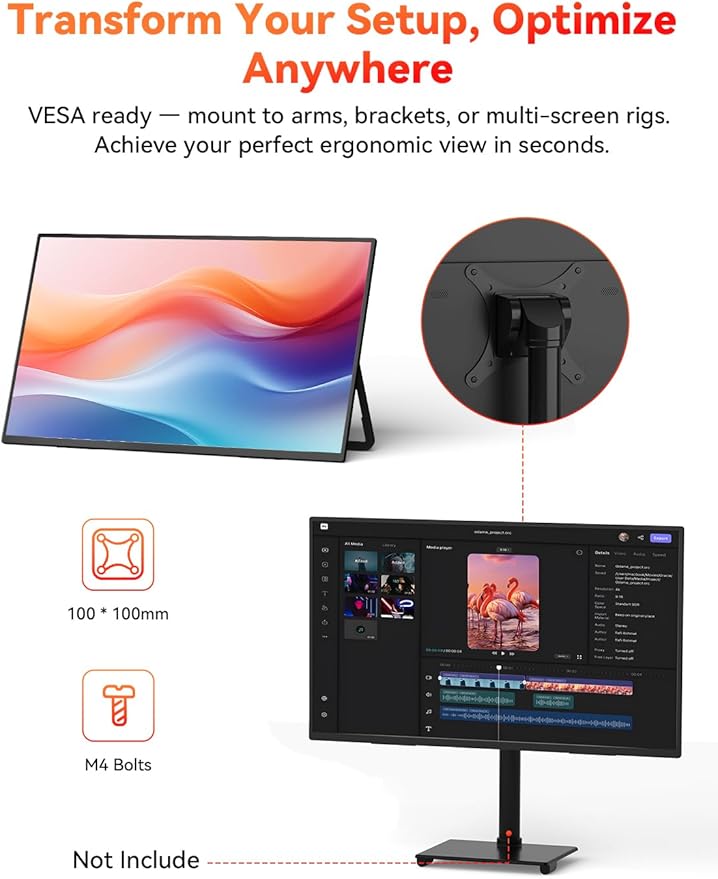 HotYeah 23.8" 100Hz Portable Monitor, 1080P FHD 100% sRGB IPS USB-C HDMI Large External Monitor, Home Gaming 2nd Screen w/180° Adjustable Kickstand for MacBook, Laptop, PC, Phone, Tablet, Switch, PS5