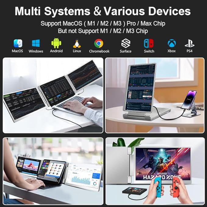 Laptop Screen Extender for Triple Display - 16" QHD 2500P Portable Monitor, Detachable, Plug & Play Dual Monitor Extender for 12"-18.5" Laptops, Compatible with Windows/Mac/Android/Chrome/PS3/PS4