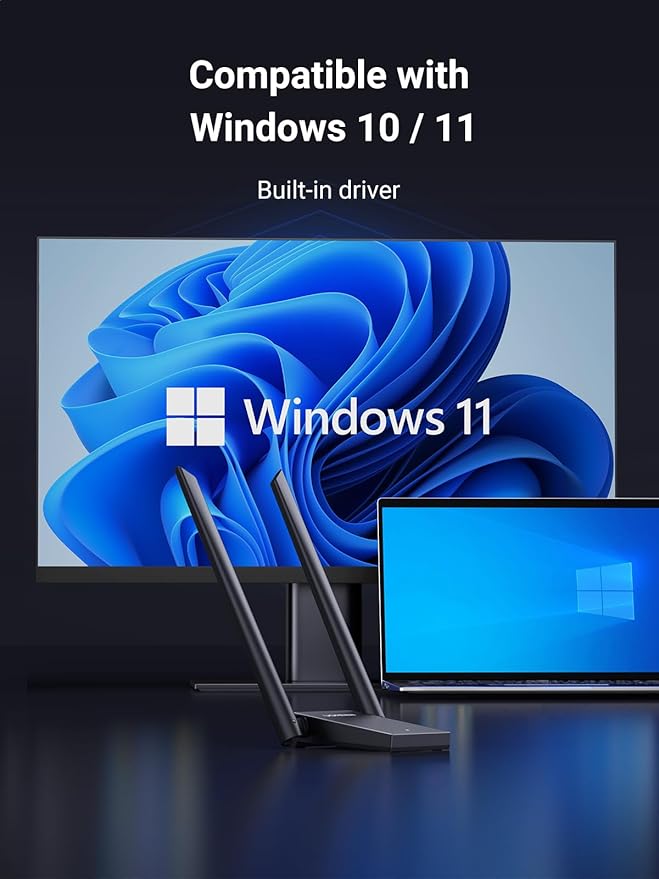 UGREEN WiFi Adapter, AX1800 WiFi 6 Adapter for Desktop PC with Dual 5dBi High Gain Antennas, 5G/2.4G Dual Band, WAP3-SAE, 3FT USB 3.0 to Micro USB 3.0 Cable, WiFi Dongle Supports Windows 10/11