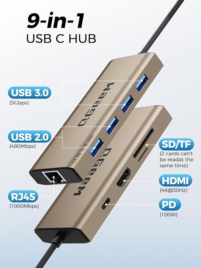 QGeeM USB C Hub Ethernet,9 in 1 USB Type C Hub HDMI Multi-Port Converter Adapter,100W Pd, USB 3.0,SD/TF Card Reader,Compatible for MacBook Pro Air Ipad HP Dell Lenovo Chromebook etc.-Brown