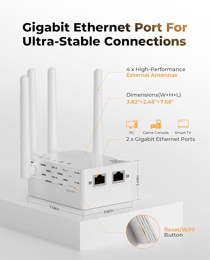 WiFi Extender with Ethernet Port, 1200Mbps Dual Band (5GHz/2.4GHz) WiFi Booster.Covers Up to 12880 Sq.ft,Supports 105 Devices, Easy Setup Signal Booster, EasyMesh Compatible, Four Directional Antennas