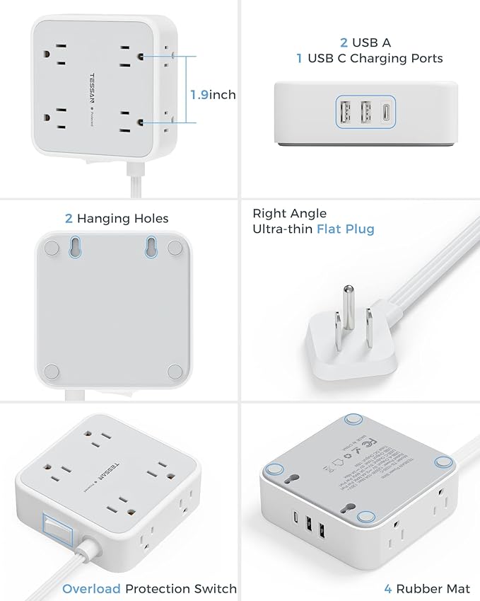 TESSAN Surge Protector Flat Extension Cord Flat Plug Power Strip, 8 AC Outlets, 3 USB Charger(1 USB C Port) 3 Sided Outlet Extender, 5 Ft, 900 Joules Protection, Office Supplies, Dorm Room Essentials