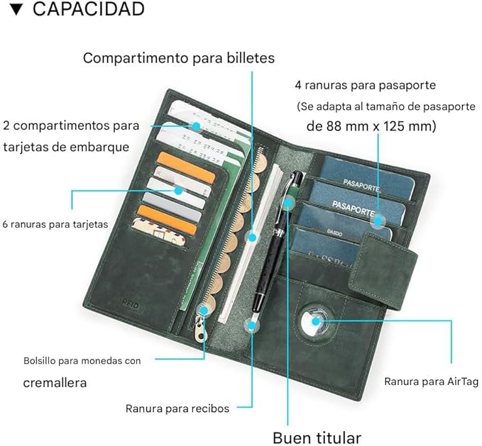 CONTACTS Full Grain Leather Family Passport Holder for 4 Airtag Passport Wallet RFID Blocking Travel Passport Cover with 4 Passport Slot, 6 Card Slot (Green)