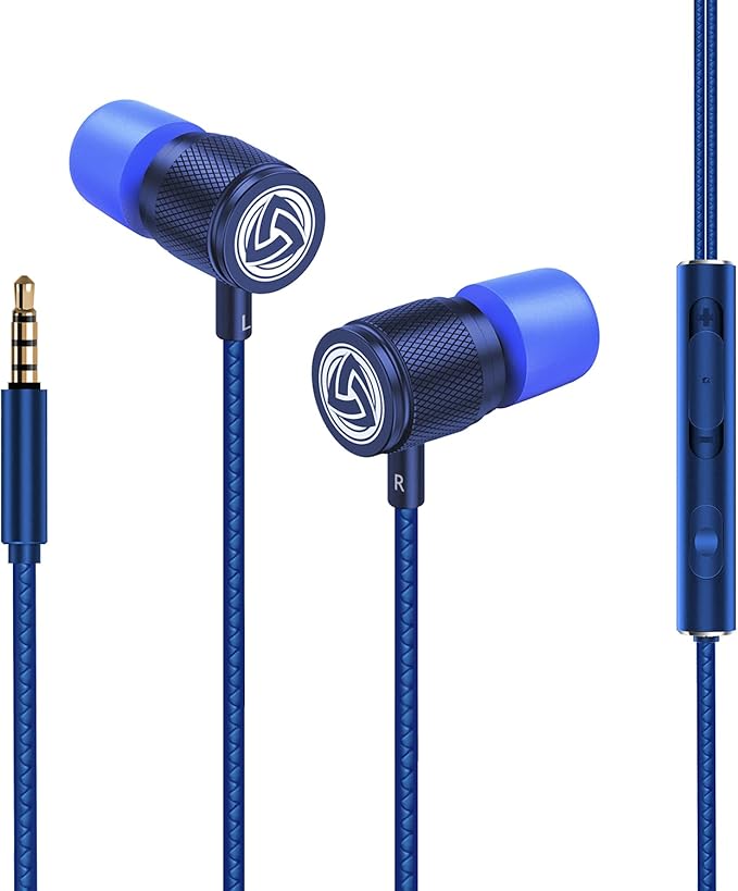 LUDOS Ultra Wired Earbuds in-Ear Headphones, 5 Years Warranty, Earphones with Microphone, Noise Isolating Ear Buds, Memory Foam for iPhone, Samsung, School Students, Kids, Women, Small Ears - Blue