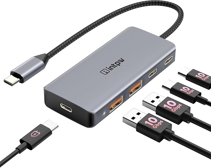 USB C Hub, intpw USB C Splitter 10Gbps with 4 USB 3.2, PD 100W Charging Ports, Aluminum Powered USB Hub for MacBook Pro/Air, iPad, Surface Pro, Dell, HP, Lenovo