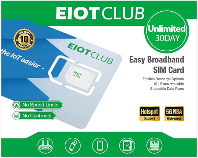 EIOTCLUB Unlimited Data Only SIM Card - 30Day | USA Coverage, 5G/4G LTE SIM Card Works with Routers, WiFi Hotspots, Laptops, Tablets, Phone | 3-in-1 SIM (No Contract)