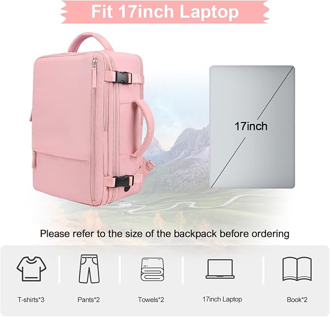 Hanples Carry on Travel Backpack for Women, Large 35L Personal Item Luggage Backpack,17 inch Laptop Backpack TSA Flight Approved, Travel Essentials Casual Daypack with 2 Toiletry Bags (Pink)