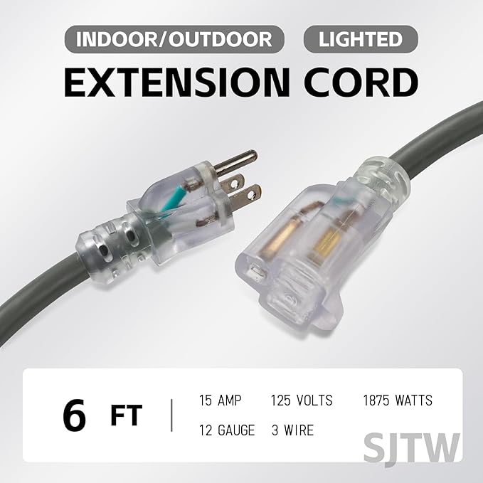 EP 6 Ft Lighted Outdoor Extension Cord - 12/3 SJTW Heavy Duty Grey Extension Cable with 3 Prong Grounded Plug - Power Cord for Lawn, Garden, Appliances