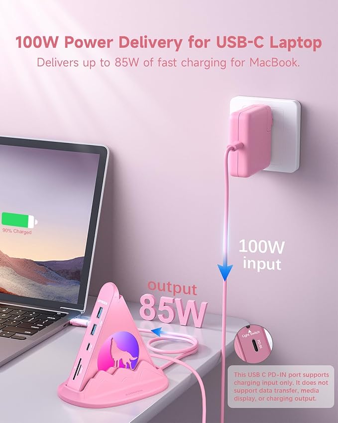 Wolf USB C Hub, Pink 8-in-1 Type C Multiport Adapter with 4K@30Hz HDMI, 100W PD, 5Gbps 1xUSB-C, 3xUSB-A 3.0, SD/TF Slots, Base-Stand, RGB MacBook Adapter for MacBook Air/Pro, iPad, iMac, Surface, XPS