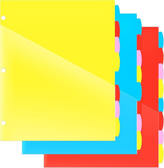 8 Tabs Plastic Dividers with 2 Clear Pockets - 3 Sets, Pocket Dividers for 3-Ring Binders, Multi-Color Binder Dividers, Total 24 Tabs