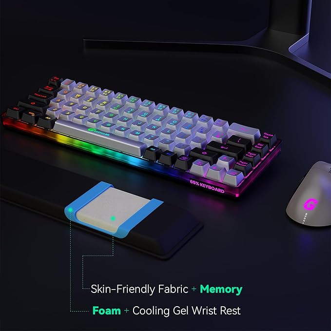 Wireless Gaming Keyboard and Mouse and Cooling Gel Wrist Rest, 68 Keys Compact Anti-ghosting No-Conflict Rechargeable Backlit Keyboard, 6D 3200DPI Mice, Cooling Gel Wrist Rest
