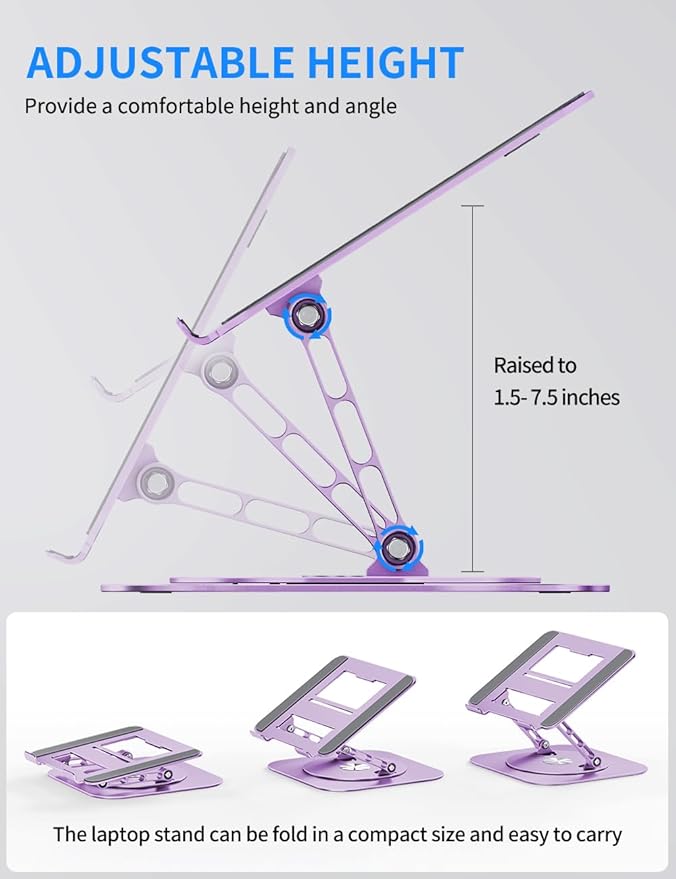 Adjustable Laptop Stand with 360 Rotating Base, Computer Ergonimic Foldable Laptop Riser for Desk Compatible with MacBook Pro/Air Notebook up to 16 Inches, Purple