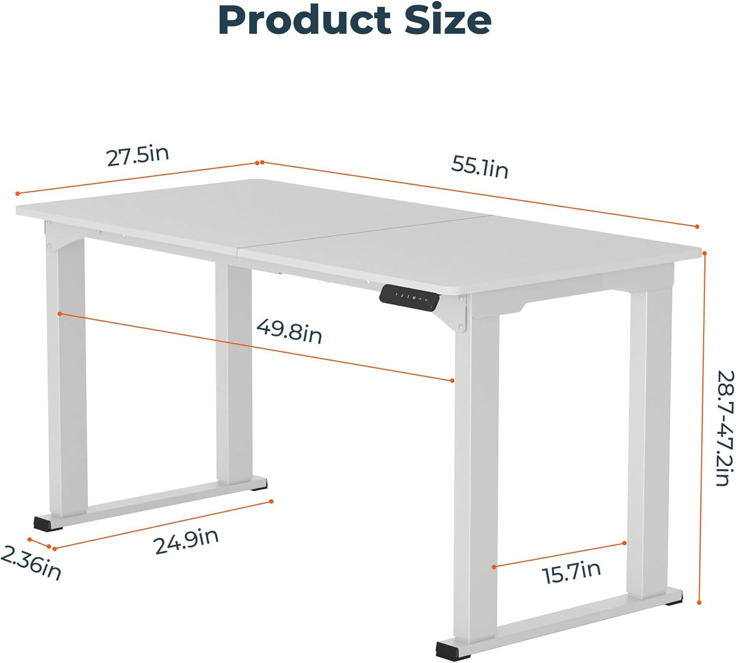 4 Legs Standing Desk, Large 55x28 Inches Electric Adjustable Height Desks with Splice Board, Stand Up Desks Home Office Computer Workstation, White