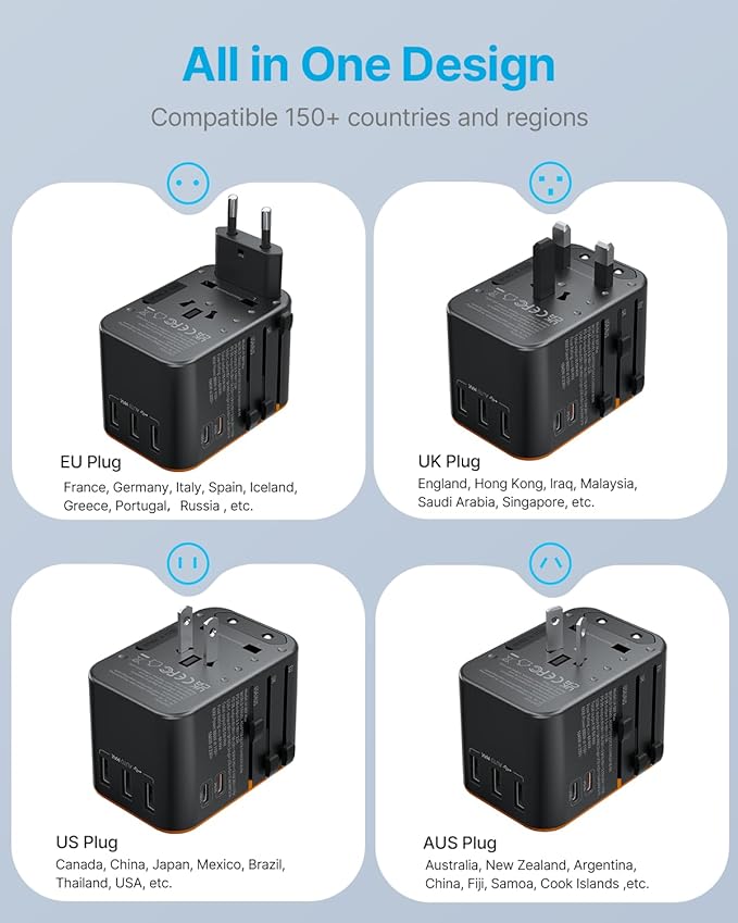 Universal Travel Adapter, VINTAR 35.5W International Power Adapter with 3 USB A QC and 2 USB C PD, All in One Plug Adapter Worldwide Travel Essentials for EU/UK/USA/AUS(Type C/G/A/I), Orange