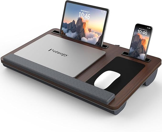 Lap Desk - Up to 17” Laptop Tray with Wrist Rest, Portable Handle, Fixed Mouse Pad, Tablet & Phone Slots, Laptop Lap Desk with Cushion (Dark Brown)