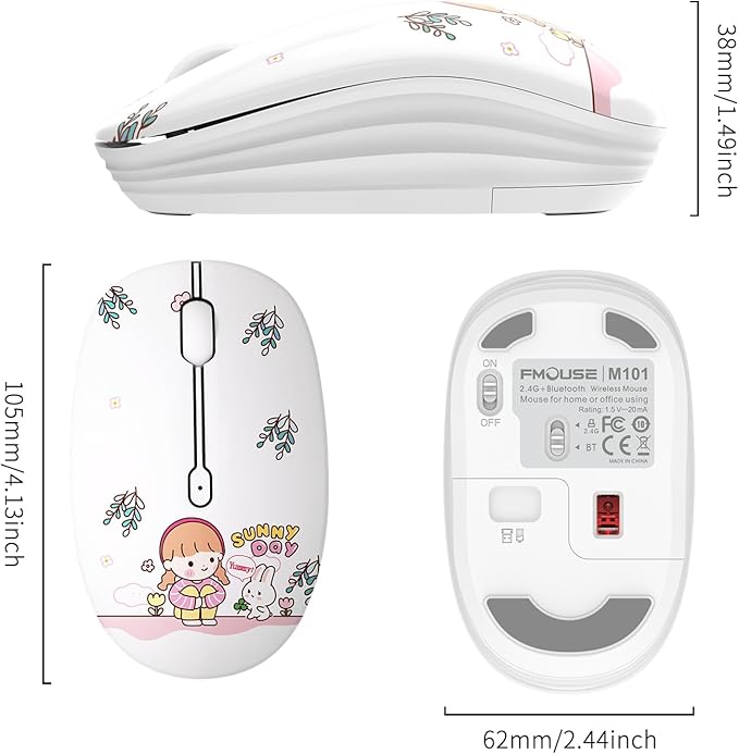 Cute Wireless Mouse Dual Mode with 2.4GHz USB Receiver and Bluetooth Connection for Laptop, iPad, Mac, AA Battery Silent Cartoon Cordless Mice for Kids and Students (Rabbit & Girl)