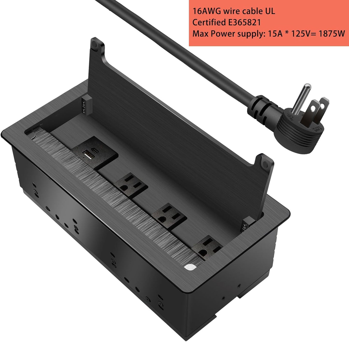 Conference Table Power Hub; Outlet Multimedia Connectivity Box with 3 AC outlets; USB-A+USB-C 18W 8FT 16AWG UL Listed Flat Plug Used for Office Conference Tables-High end Aluminum Alloy