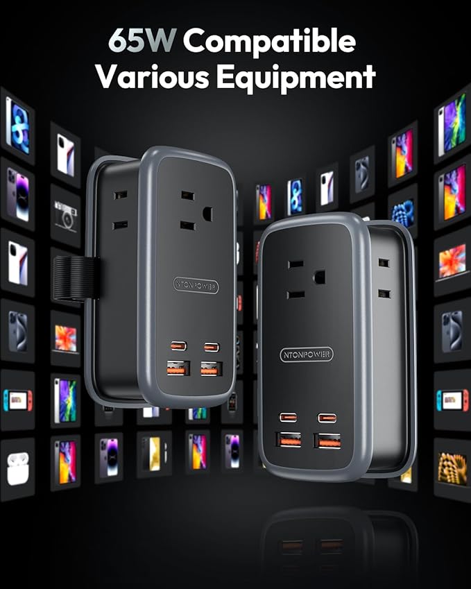 NTONPOWER GAN Ultra 65W USB Fast Charging Station, 7 in 1 Travel Power Strip with 3 Outlets 4 USB (2 USB C), Extension Cord 4ft, Travel Essentials, Cruise Power Strip Compatible with MacBook, iPhone