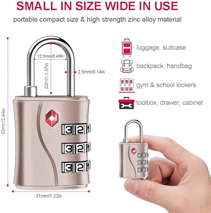 ZHEGE TSA Locks for Luggage, 3 Dial Zipper Travel Lock with Cable (30 in) for Suitcase, Backpack, Baggage (Rose Gold, 2 Pack)