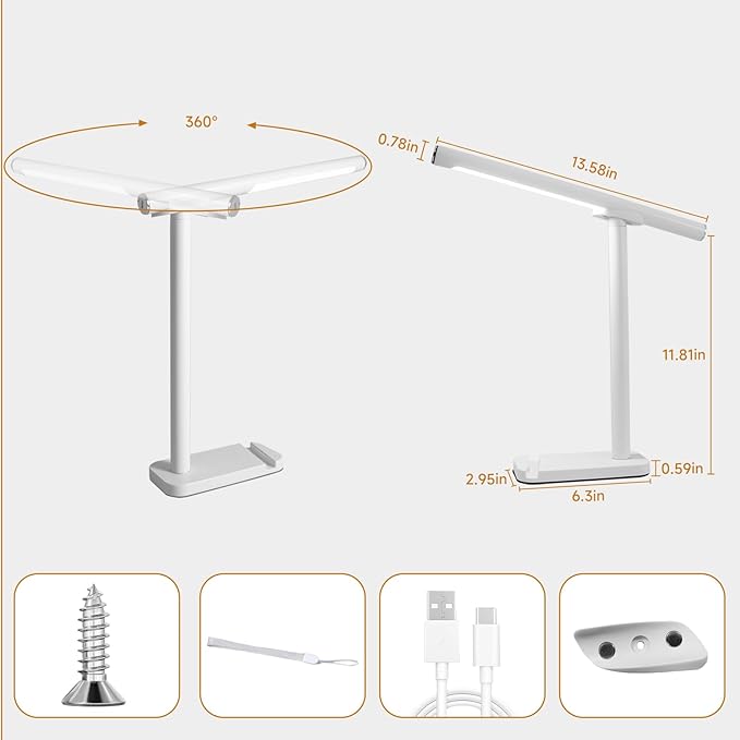 Magnetic Led Desk Lamp: 2 in 1 Reading Lamp with Phone Holder & USB Charging Port for Home Bedroom Office Study | Dorm Desk Lamp with 3500-6500k Touch Control Dimming | 5 Brightness Levels | White