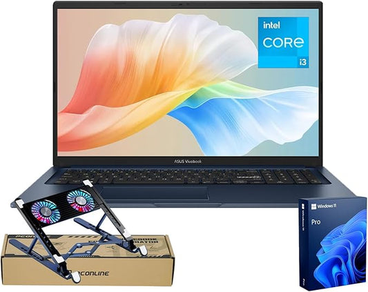 ASUS Vivobook Business Laptop, 17.3'' FHD Display, Intel Core i3-1215U, 20GB RAM, 1TB SSD, Touchpad, HDMI, Webcam, Wi-Fi, Windows 11 Pro, Blue, Bundle with PCO Notebook Folding Radiator, Laptop Cooler