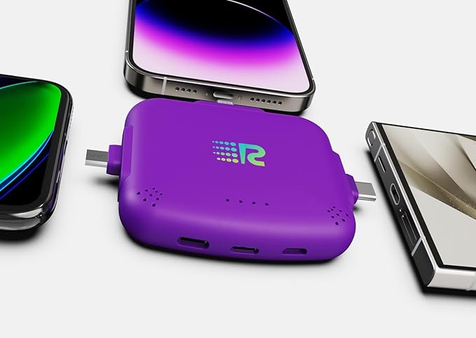 Rush Charge Universe 3 in 1 Portable Charger 3300mah, 2.4A High-Speed Fast Charging Compatible with iPhone and Android Lightning, Type C, Micro-USB Charges 3 Devices at a Time Pre-Charged RC33 Purple