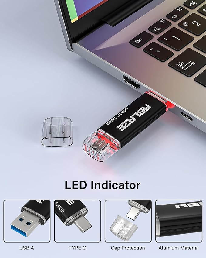 ABLAZE Type C Flash Drive 128GB, Dual USB 3.0+ USB C Flash Drive Compatible with iPhone 16/15,Android Smartphone,Computer,Tablet Mac Laptop