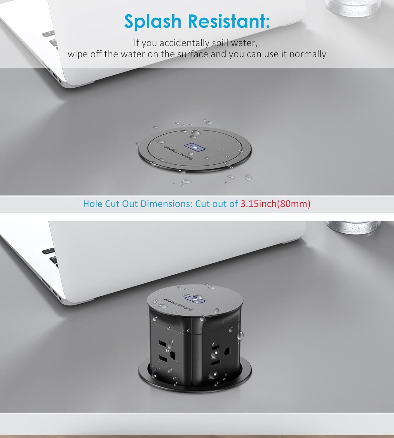 Jgstkcity Pop Up Outlet with 15W Wireless Charger,4 Outlets 15A, Splash Resistant,3 inch Desk Hole Power Grommet,Space Saver Outlet for Kitchen Countertop,Office Conference Table,ETL Listed (Black)