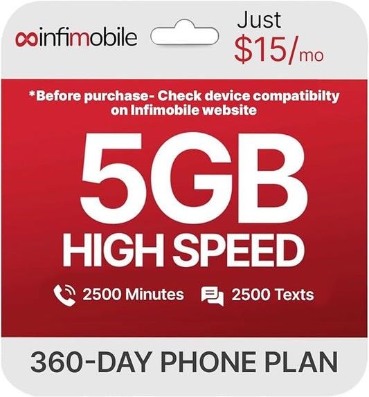 $15/Month | Infimobile Prepaid Plan: 12 Months | 5GB High-Speed Data Per Month | 2500 Minutes and 2500 Text| Prepaid Plan Service SIM Card | Nationwide Coverage | 4G, 5G T-Network