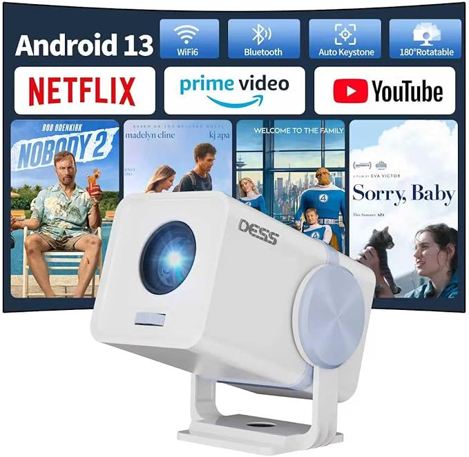 Dess Mini Projector,Portable projector can be powered by power bank,outdoor projector with Wifi6 and bluetooth,Movie projector,180° Rotatable, Auto Keystone Correction hometheater proyector,T1(White)