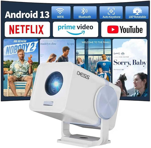 Dess Mini Projector,Portable projector can be powered by power bank,outdoor projector with Wifi6 and bluetooth,Movie projector,180° Rotatable, Auto Keystone Correction hometheater proyector,T1(White)